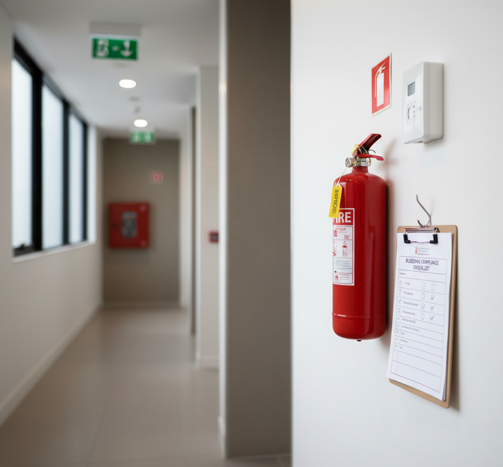 Technician checking fire safety equipment