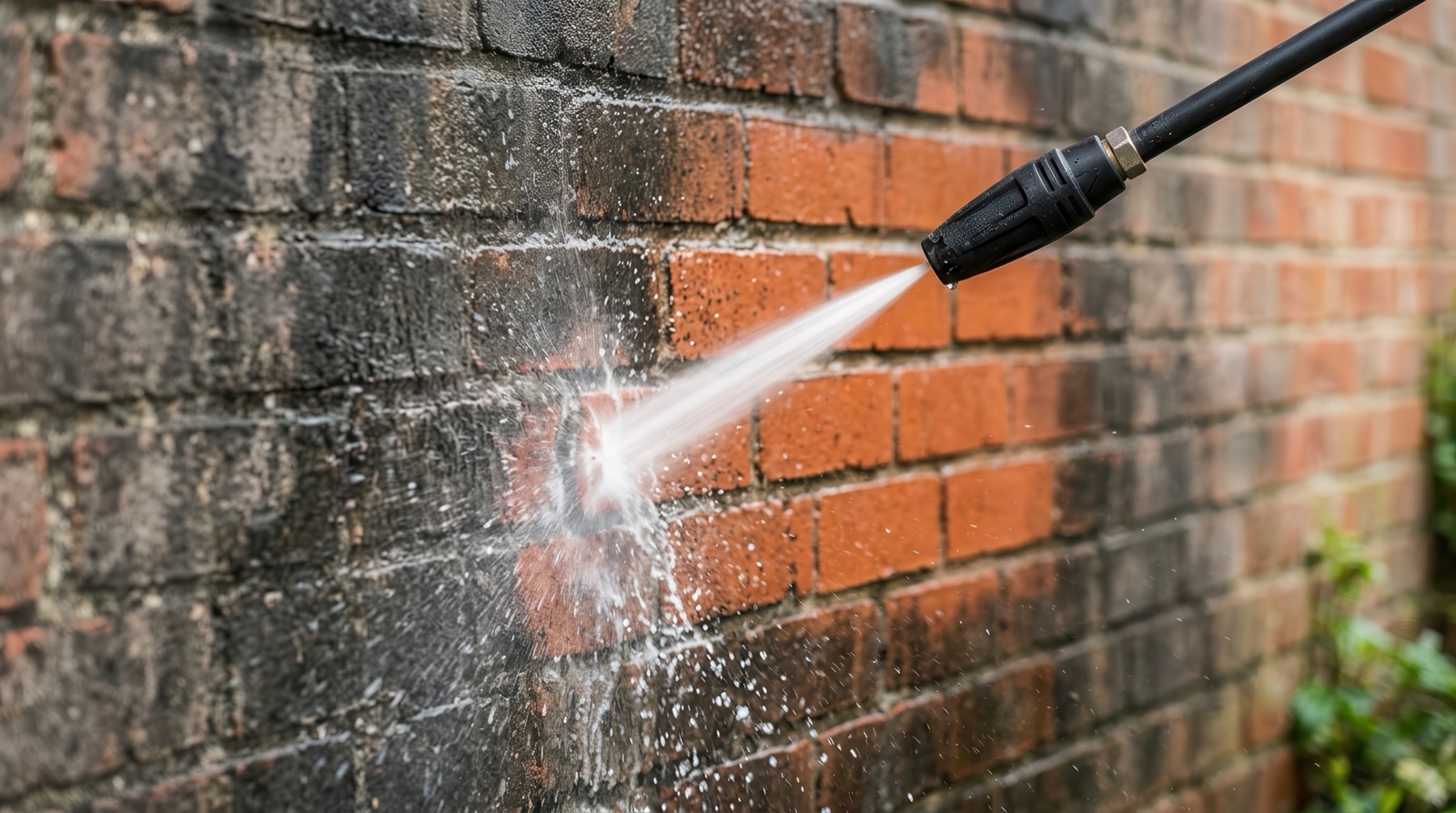 Pressure washing a brick building exterior